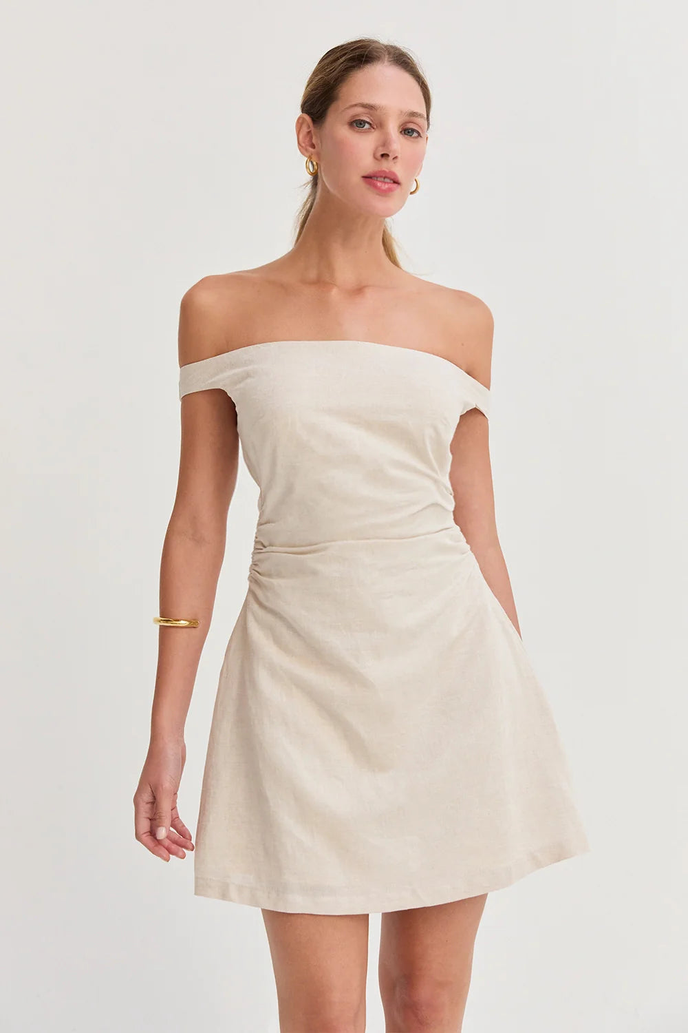 Linen Blend Off Shoulder Side Ruched Mini Dress - Oatmeal