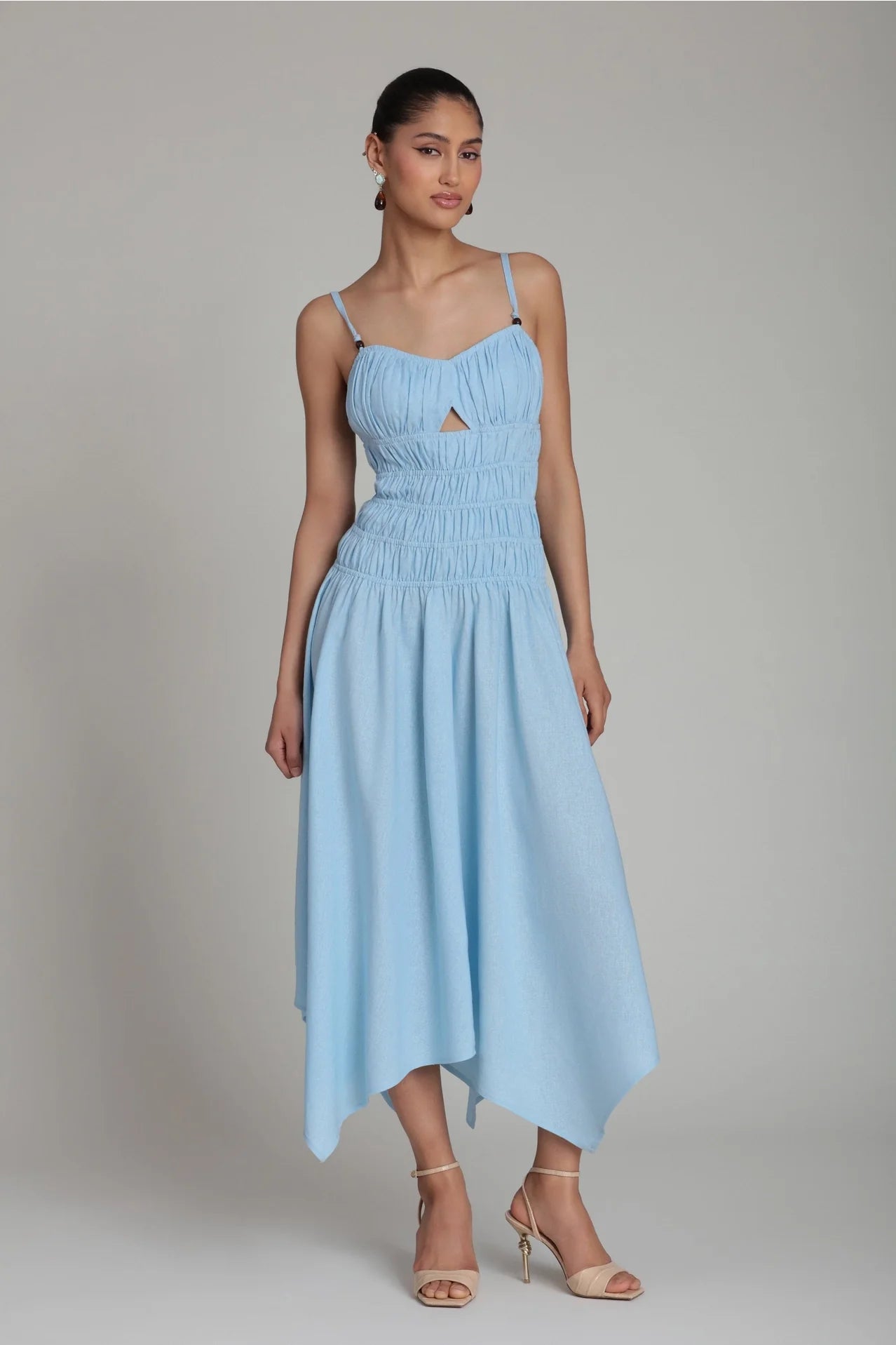 Linen Blend Shirred Handkerchief Hem Midi Dress - Light Blue