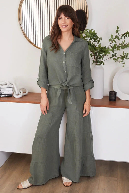 Linen Cropped Tie Button Front Top - Army Green