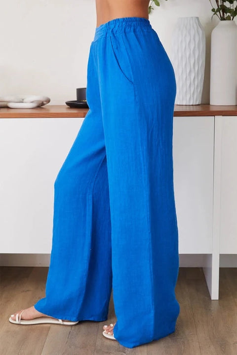 Linen Flat Front Elastic Waist Wide Leg Pant - Cerulean Blue