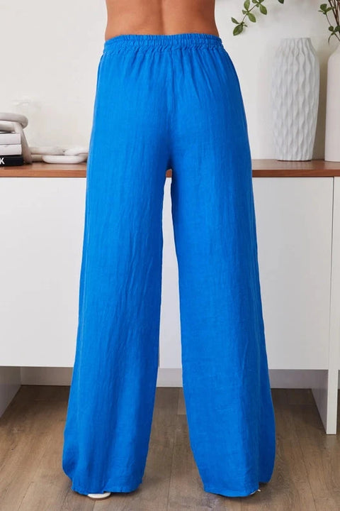 Linen Flat Front Elastic Waist Wide Leg Pant - Cerulean Blue