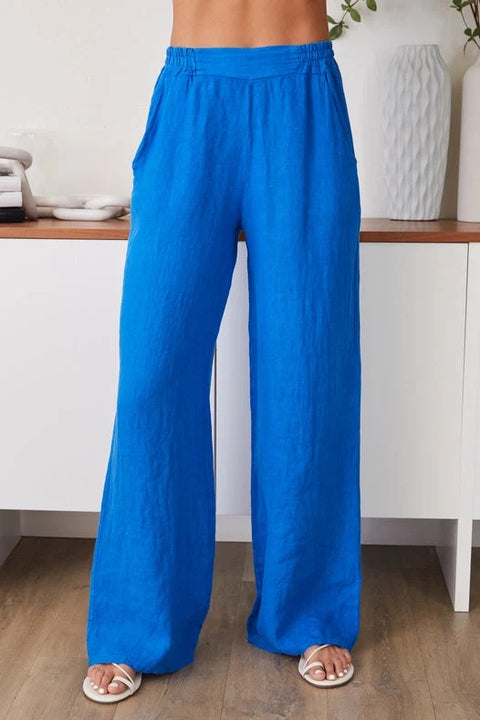 Linen Flat Front Elastic Waist Wide Leg Pant - Cerulean Blue