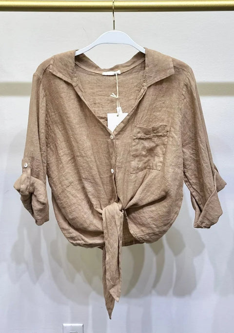 Linen Front Tie Button Shirt