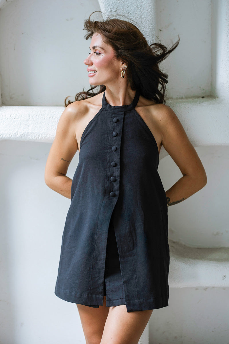 Linen Halter Neck Vest Top and Shorts Two Piece Set