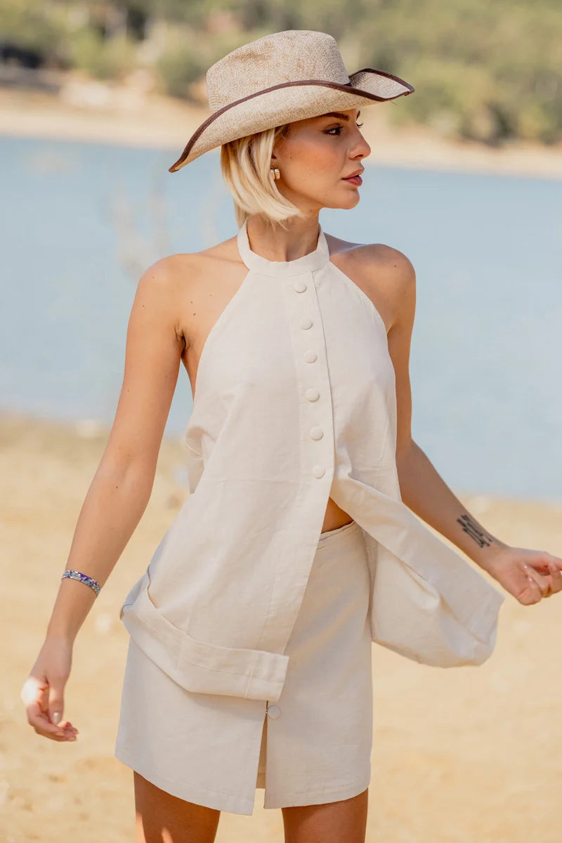 Linen Halter Neck Vest Top and Shorts Two Piece Set