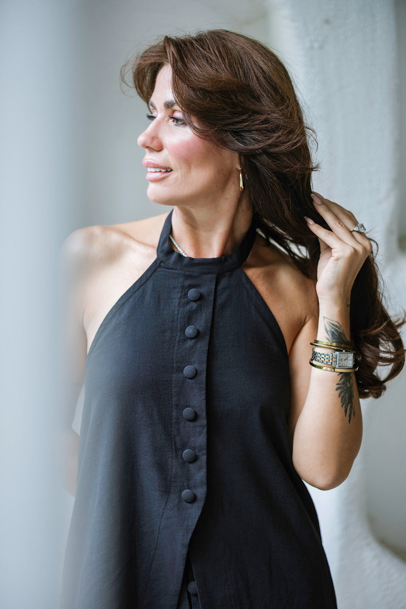 Linen Halter Neck Vest Top and Shorts Two Piece Set