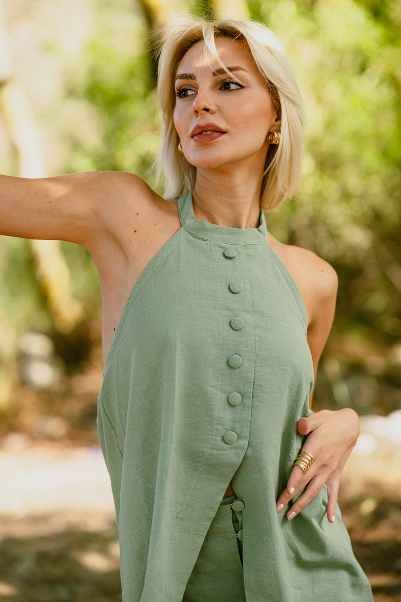 Linen Halter Neck Vest Top and Shorts Two Piece Set