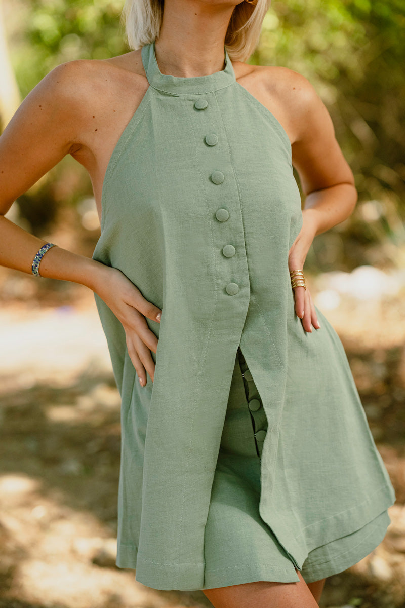 Linen Halter Neck Vest Top and Shorts Two Piece Set