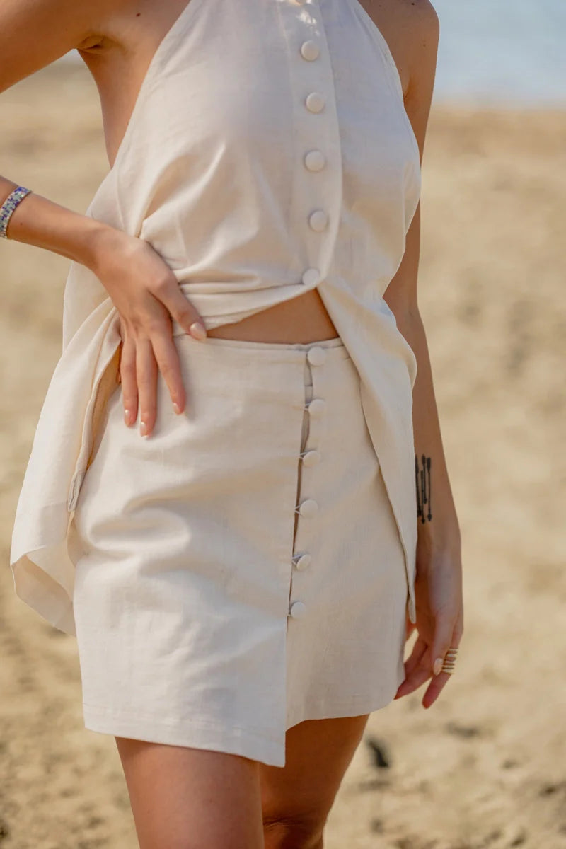 Linen Halter Neck Vest Top and Shorts Two Piece Set