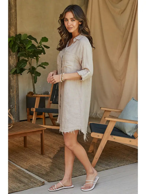 Button-Down Linen Midi Dress in Beige