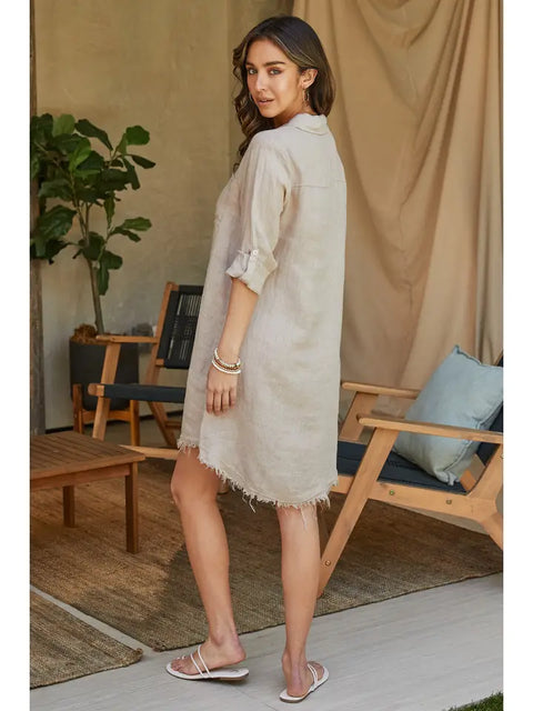Button-Down Linen Midi Dress in Beige