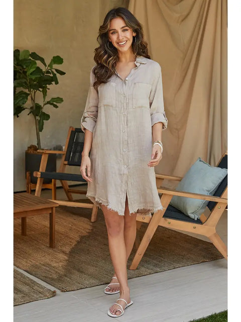 Button-Down Linen Midi Dress in Beige
