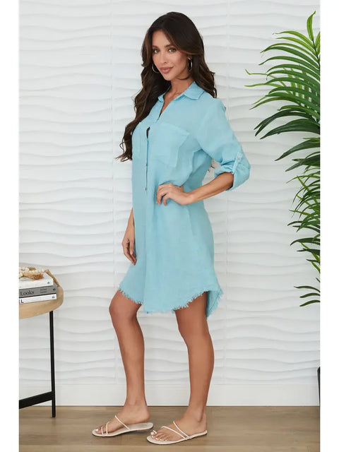 Zuccero Linen Midi Button-Down Dress in Blue