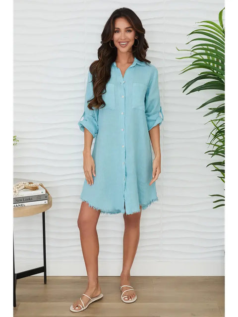 Zuccero Linen Midi Button-Down Dress in Blue