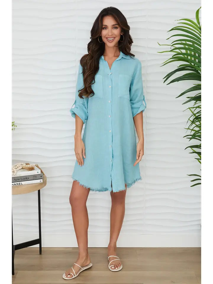 Linen L/S Button Down Mid-Length Dress Blue Zuccero