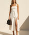 Linen Square Neck Buckle Midi Dress - Ivory