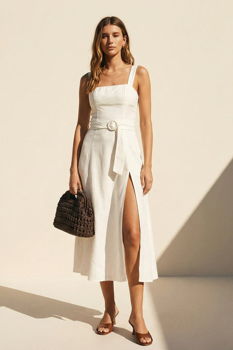 Linen Square Neck Buckle Midi Dress - Ivory
