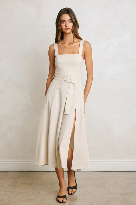 Linen Square Neck Buckle Midi Dress - Ivory