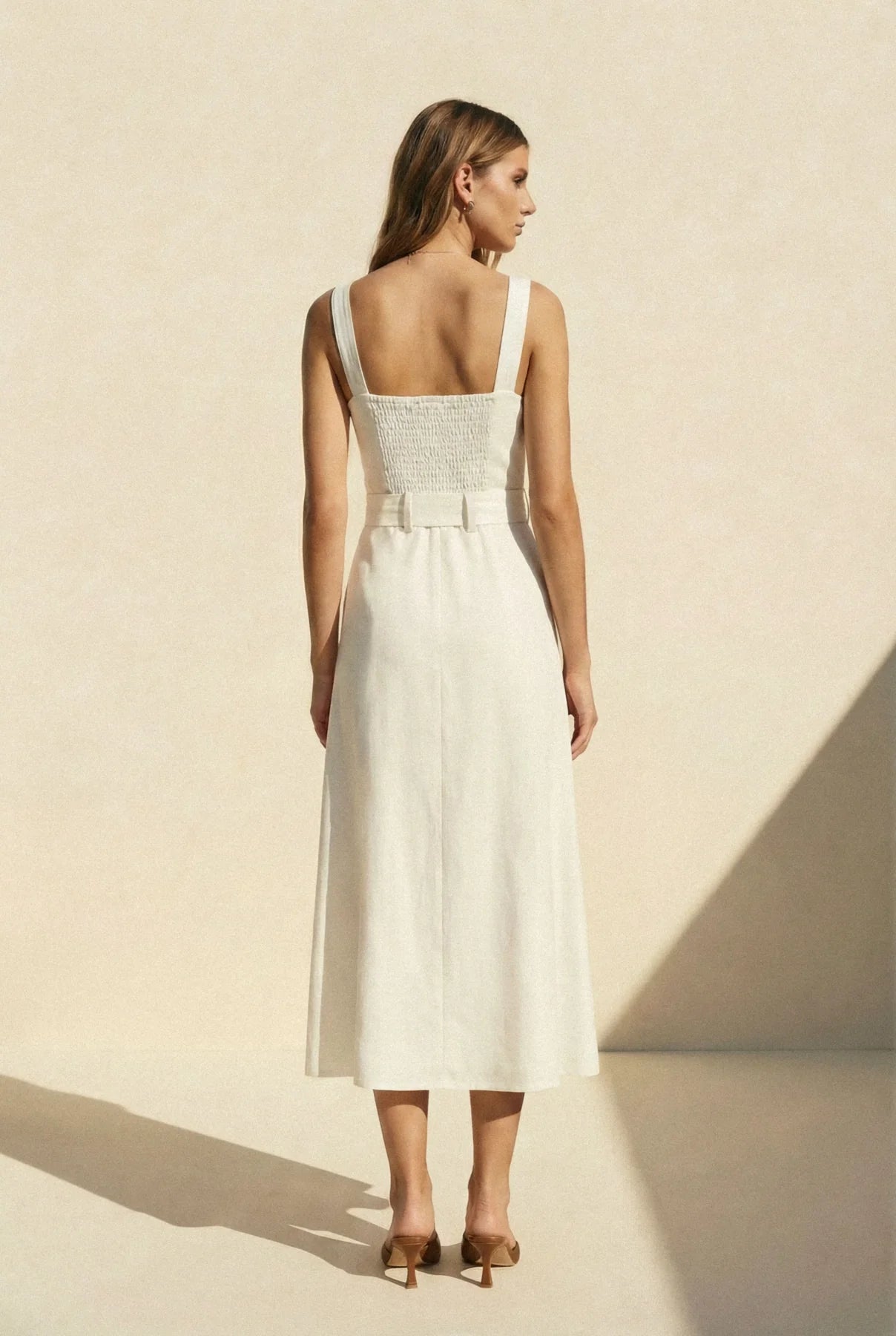 Linen Square Neck Buckle Midi Dress - Ivory