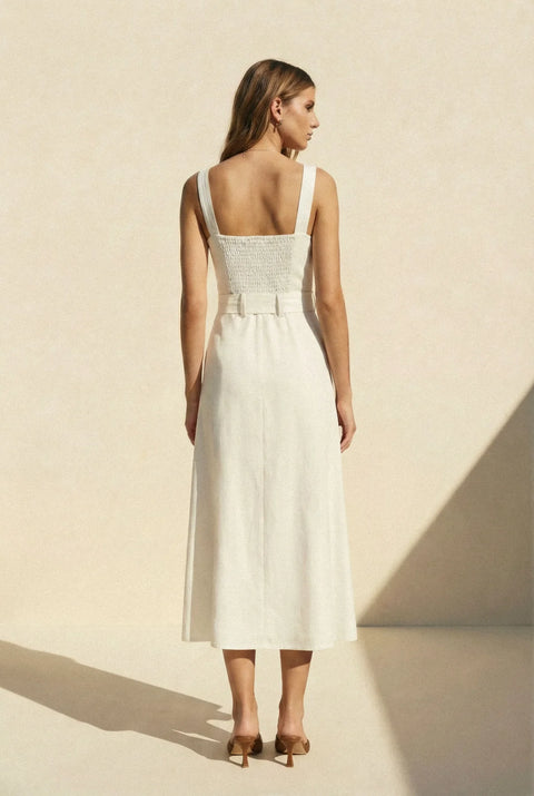 Linen Square Neck Buckle Midi Dress - Ivory