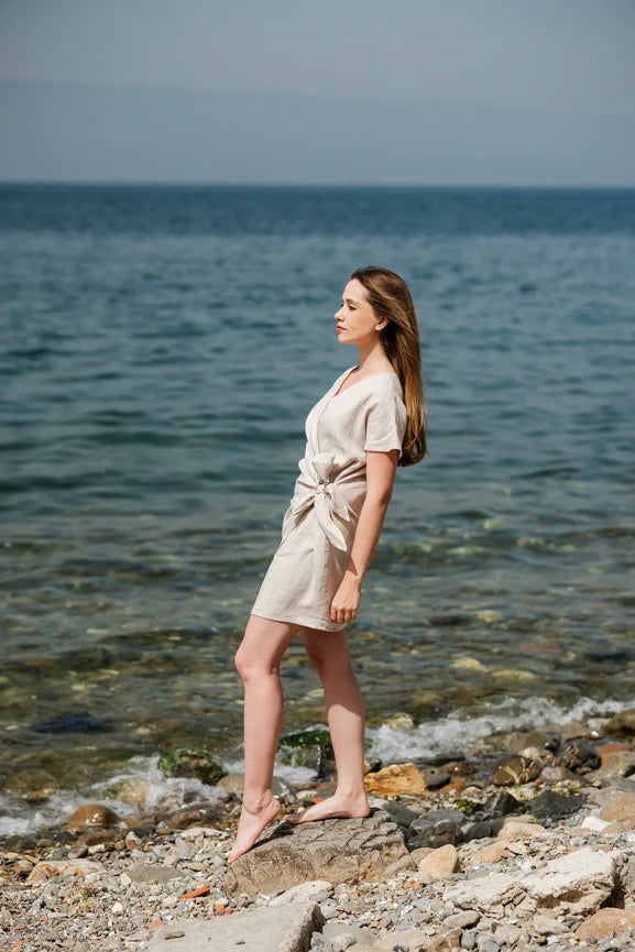 Linen Summer Wrap Mini Dress Beige