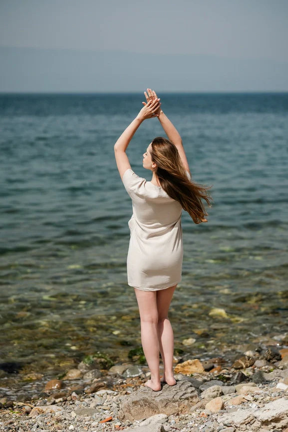 Linen Summer Wrap Mini Dress Beige