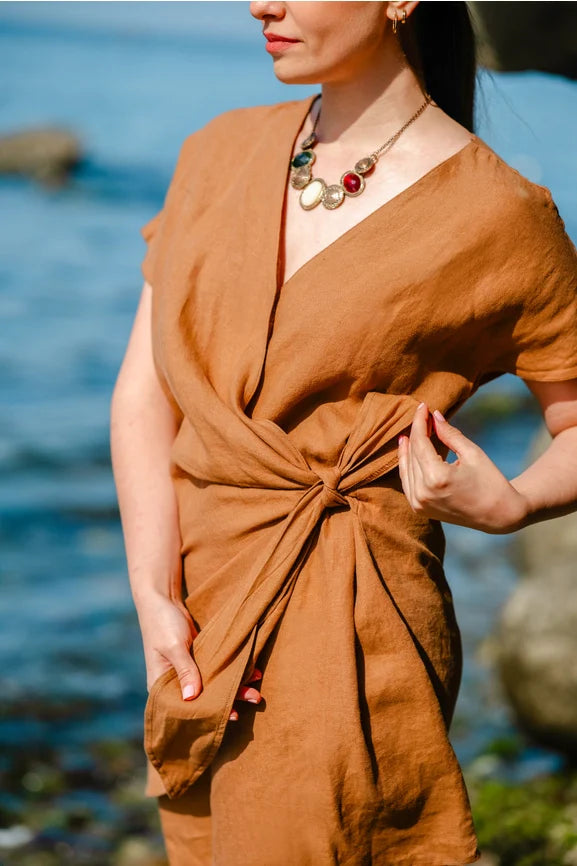 Linen Summer Wrap Mini Dress Brown