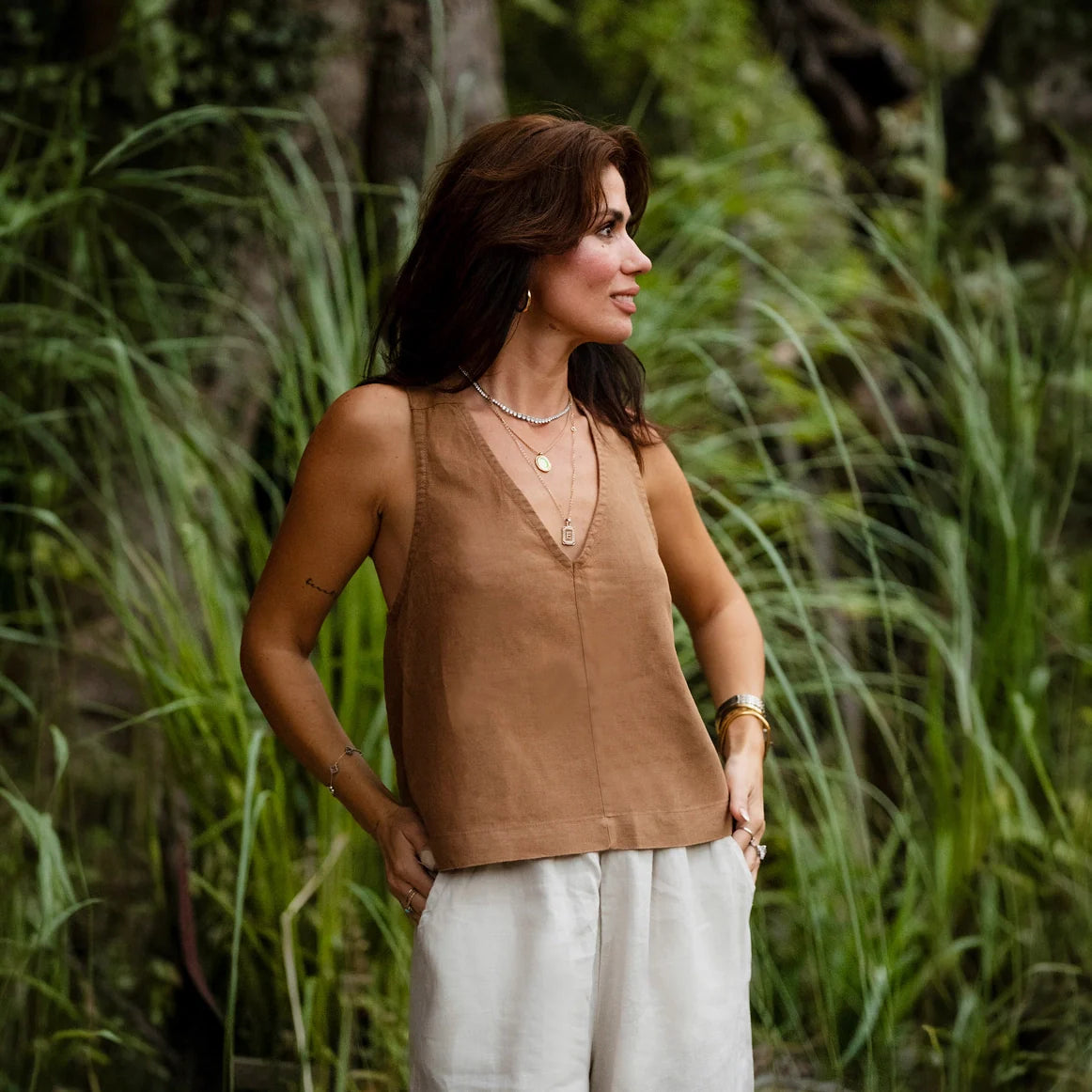 Linen Wide Strap Cross Back Tank Top