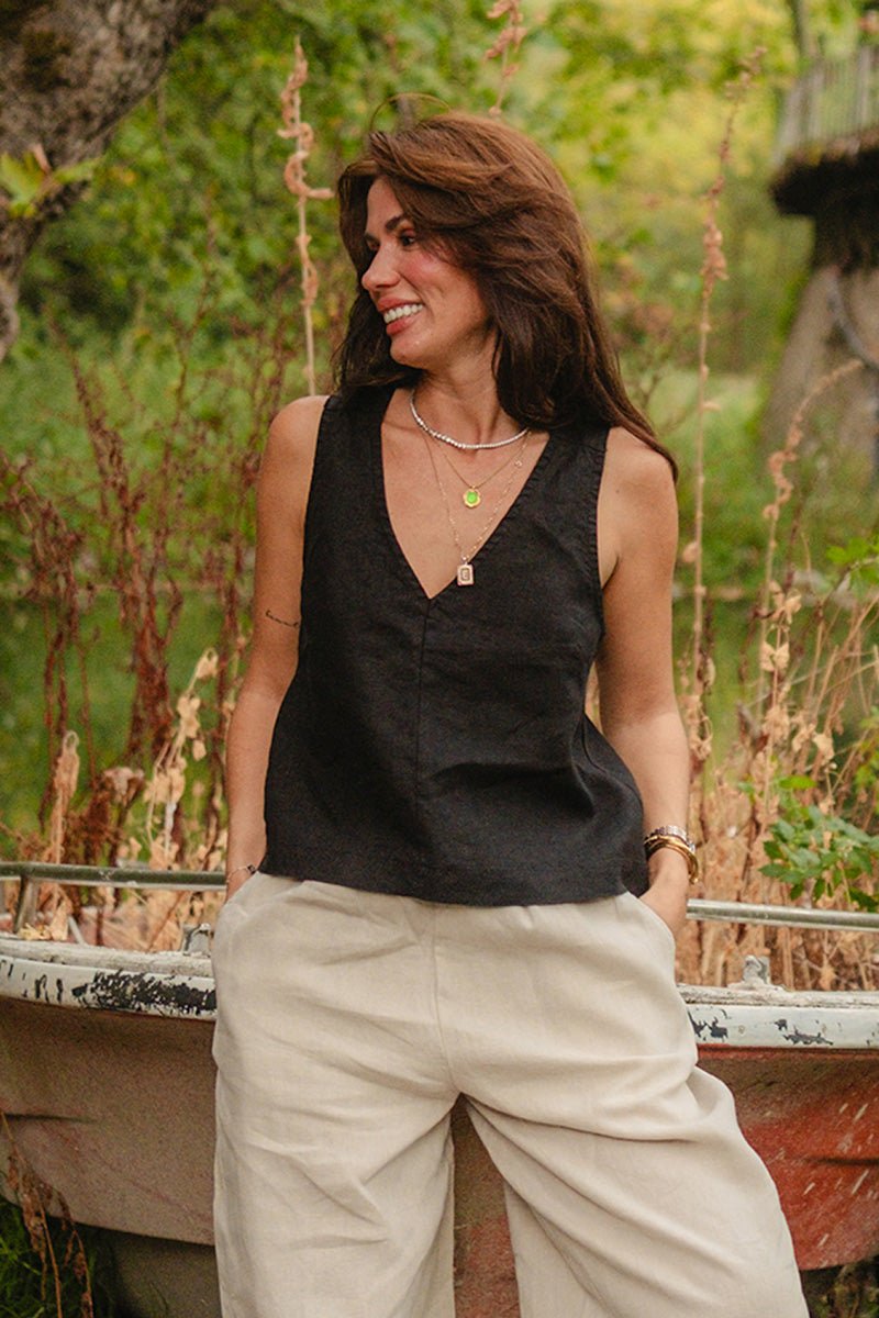 Linen Wide Strap Cross Back Tank Top