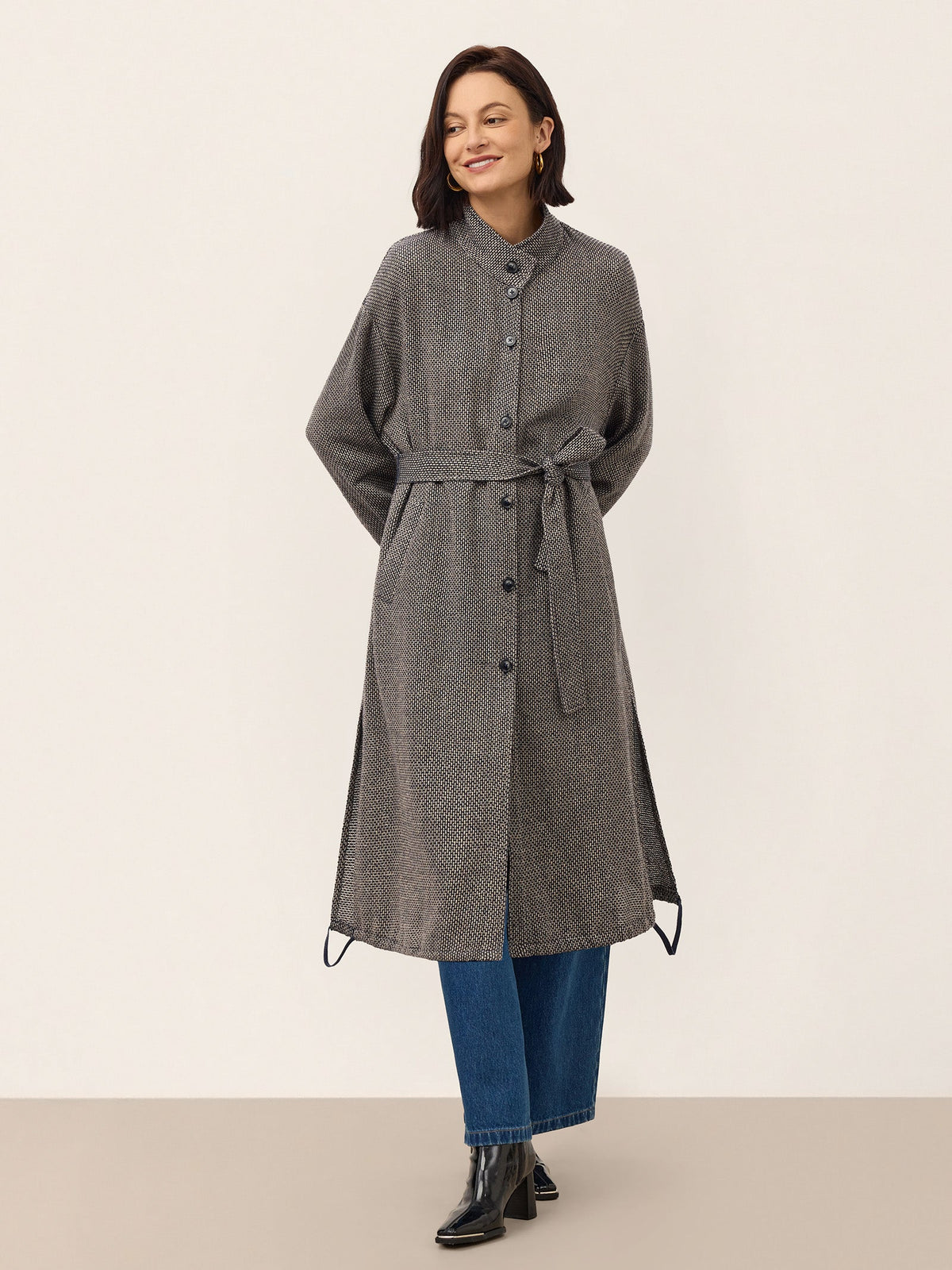 Linen Yarn Dyed Check Belted Long Coat BELLADONNA