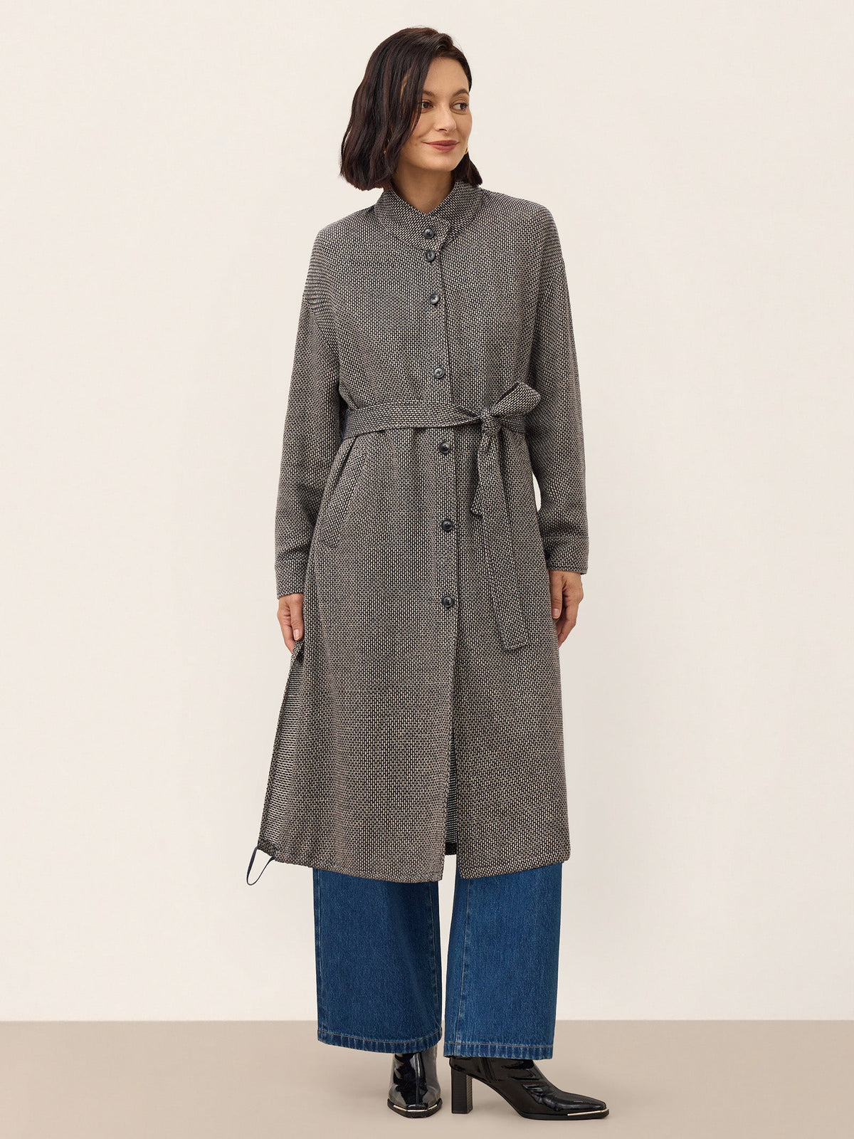 Linen Yarn Dyed Check Belted Long Coat BELLADONNA