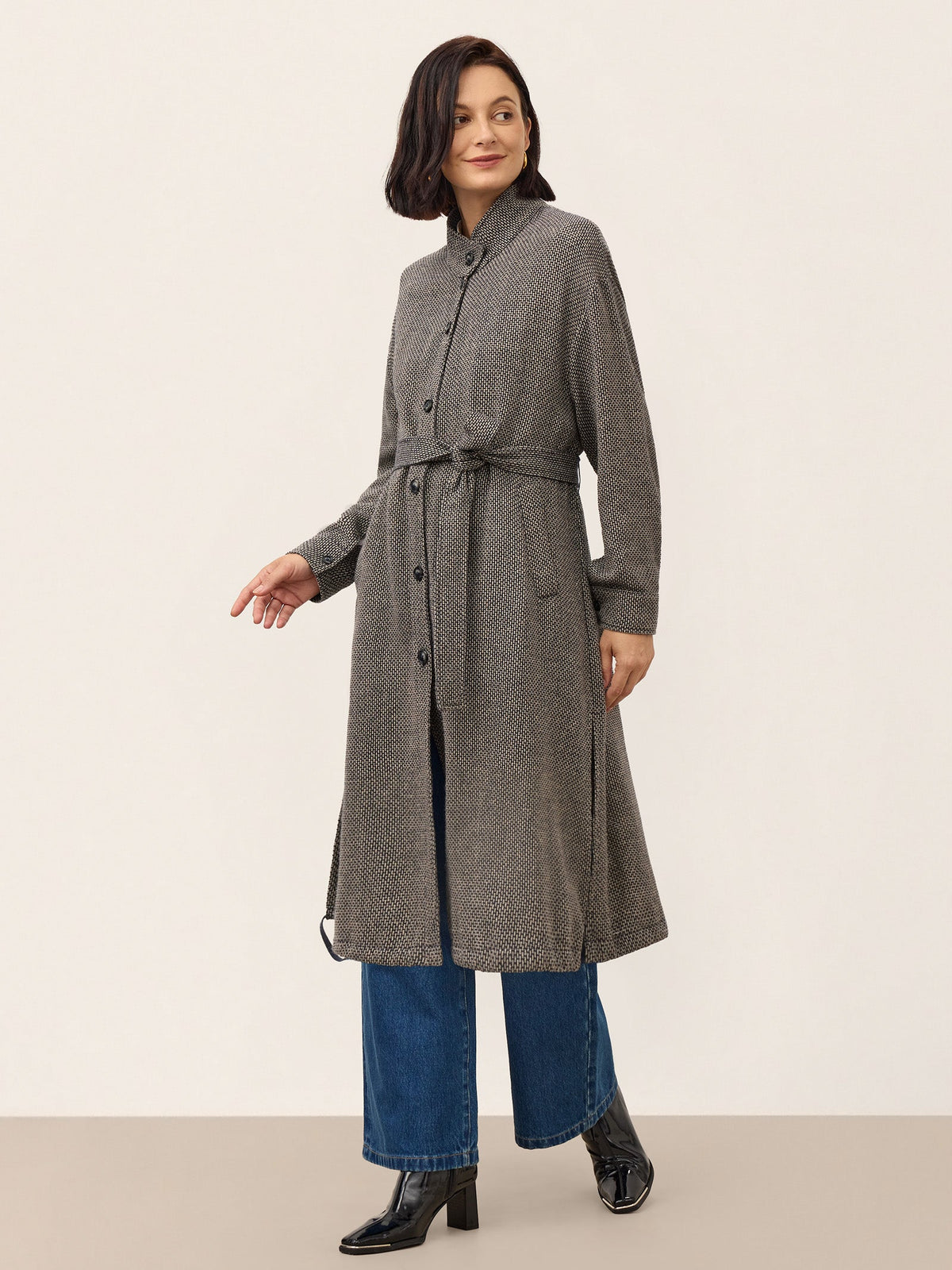 Linen Yarn Dyed Check Belted Long Coat BELLADONNA