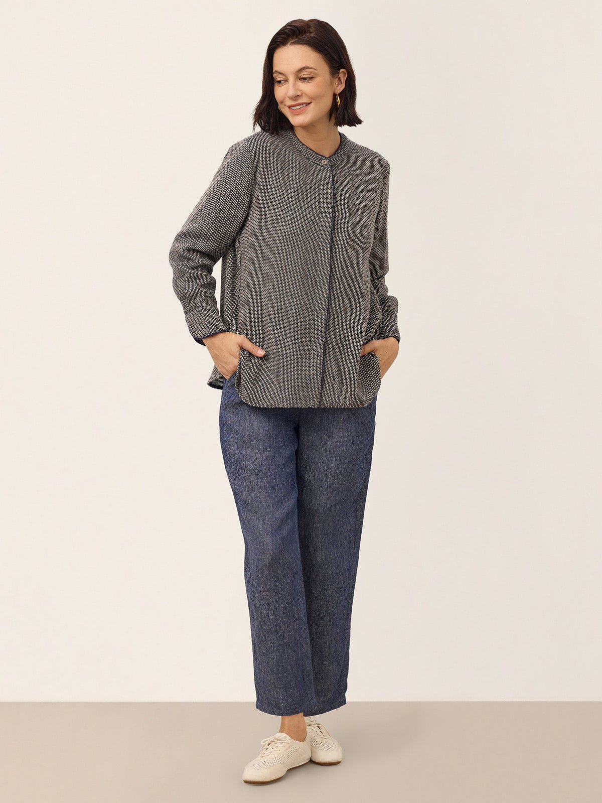 Linen Yarn Dyed Check Piped Long Sleeve Shirt AMARANTA