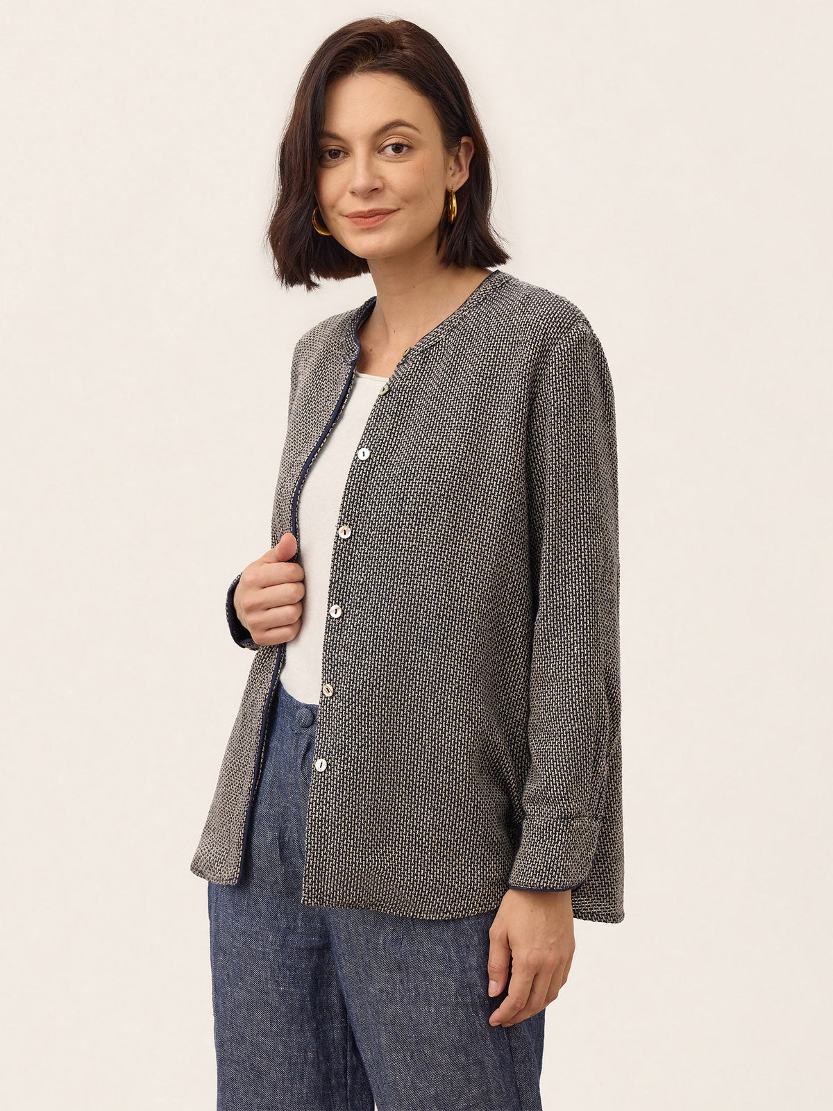 Linen Yarn Dyed Check Piped Long Sleeve Shirt AMARANTA