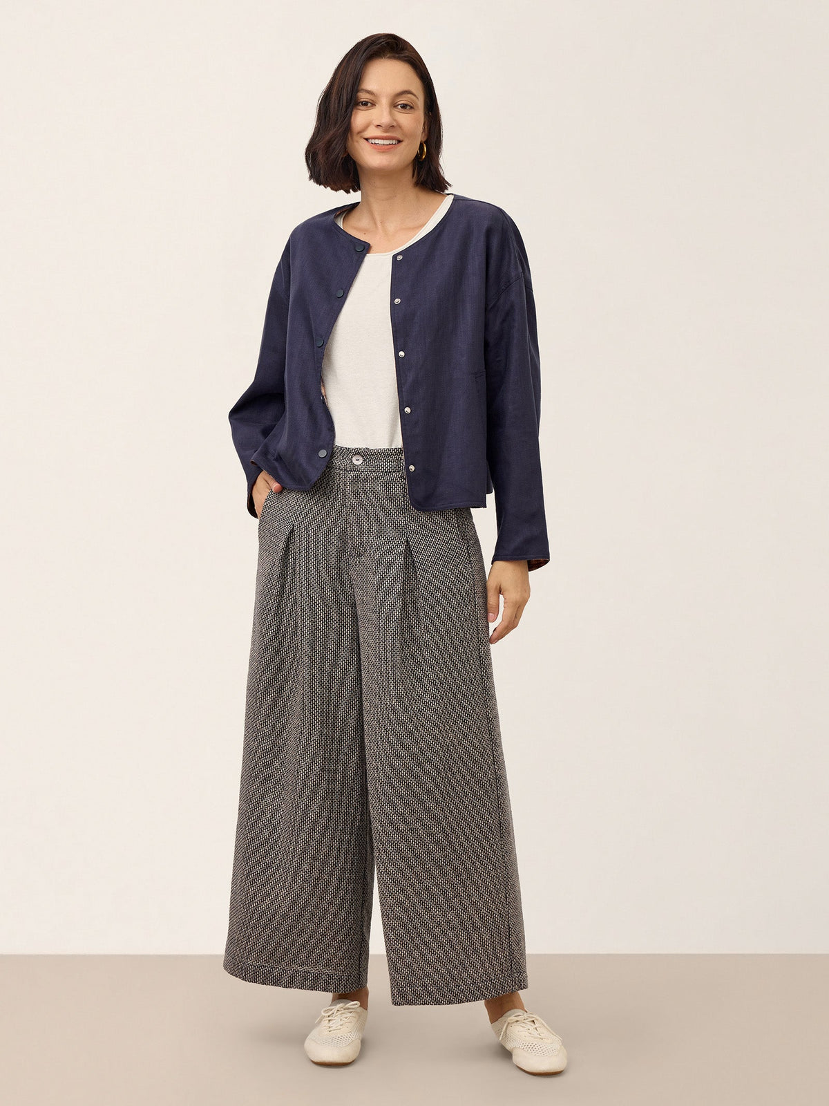 Linen Yarn Dyed Check Pleated Wide Leg Pants DELARA