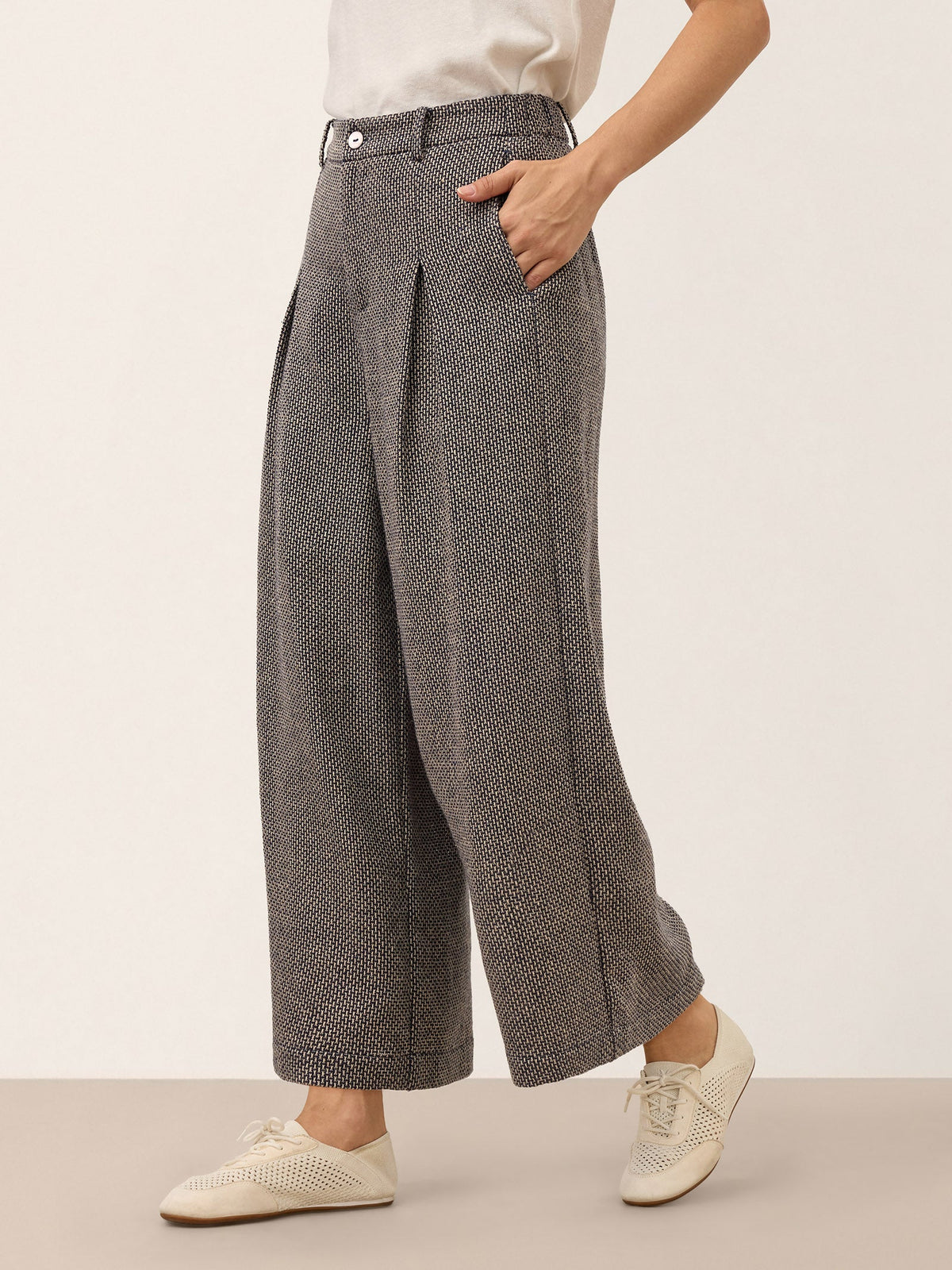 Linen Yarn Dyed Check Pleated Wide Leg Pants DELARA