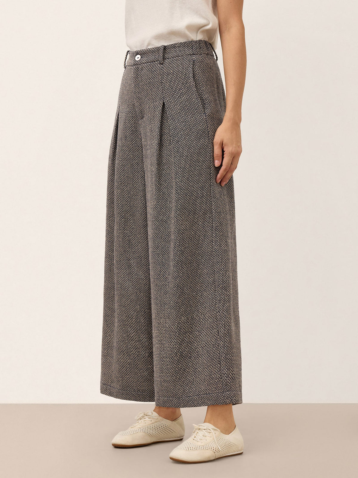 Linen Yarn Dyed Check Pleated Wide Leg Pants DELARA