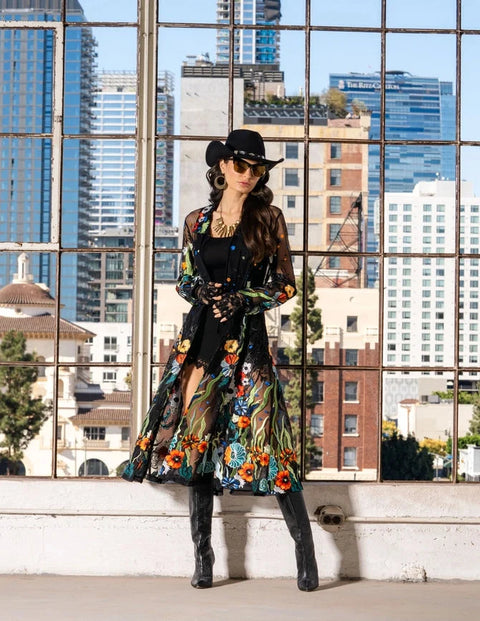 Long Black Embroidered Sheer Duster
