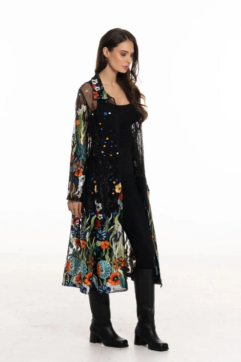Long Black Embroidered Sheer Duster