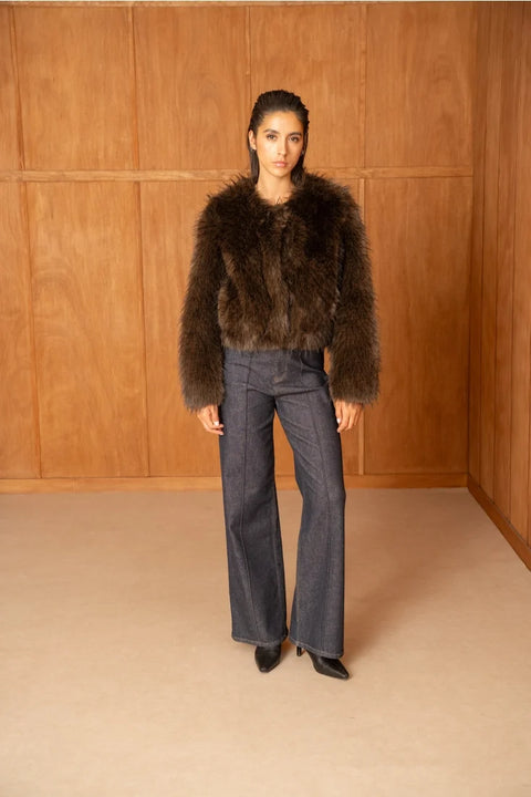 Long-Pile Faux-Fur Jacket with Round Neckline