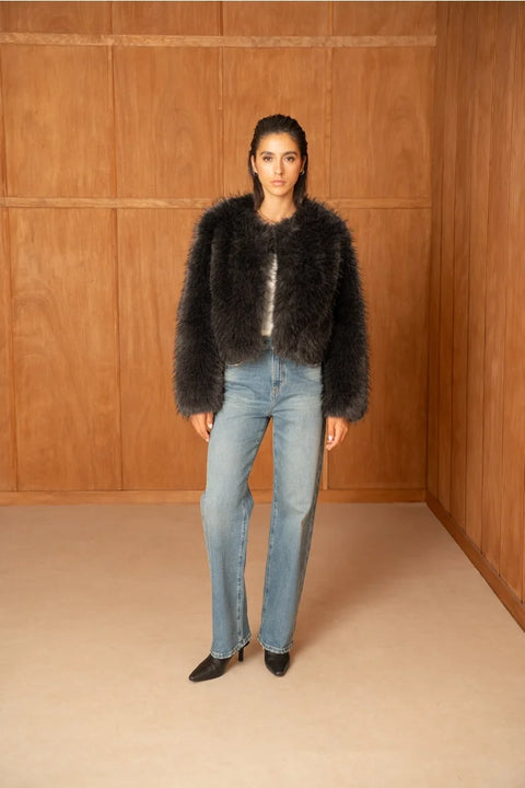 Long-Pile Faux-Fur Jacket with Round Neckline