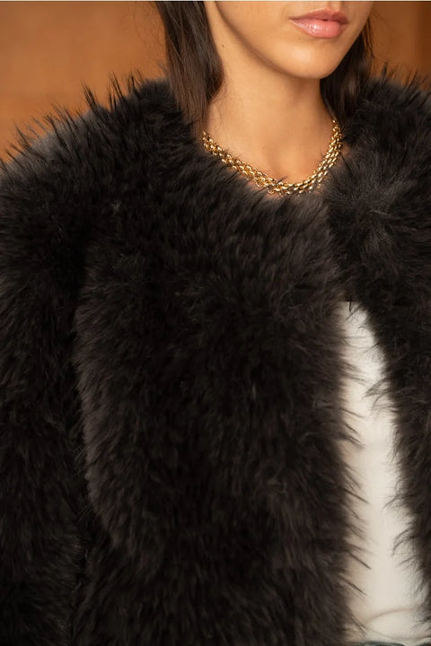 Long-Pile Faux-Fur Jacket with Round Neckline