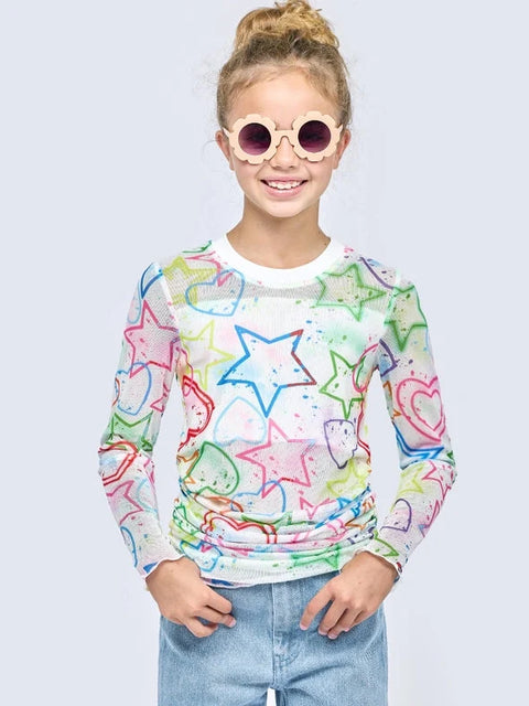 Long Sleeve Printed Mesh Top