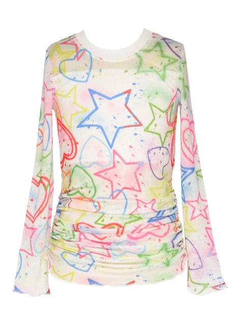 Long Sleeve Printed Mesh Top