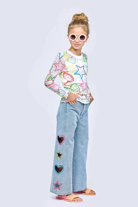 Long Sleeve Printed Mesh Top
