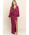 Wrap Maxi Dress Long Sleeve Satin V Neck in Berry