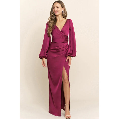 Wrap Maxi Dress Long Sleeve Satin V Neck in Berry