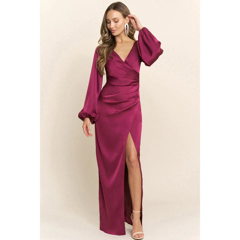Wrap Maxi Dress Long Sleeve Satin V Neck in Berry