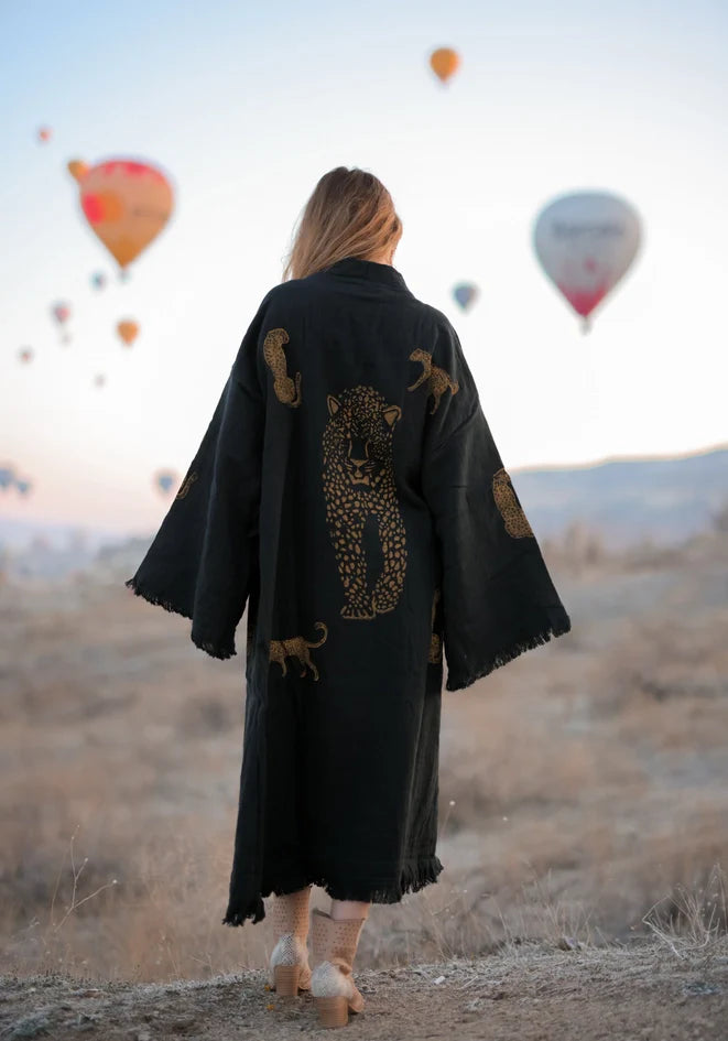 Long Tiger Kaftan Kimono Robe   Black Kimono Gold Tiger