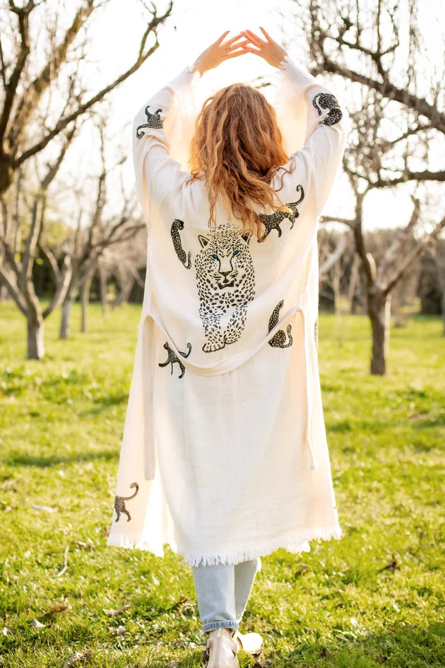 Long Tiger Kaftan Kimono Robe  White Kimono Black Tiger